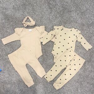 Aesthetic neutral baby girl bundle long sleeve & pants outfits w/ bow 3-6 months